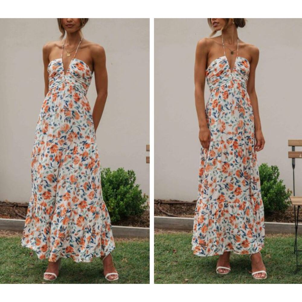 Floral Maxi Dress - Orange and Blue